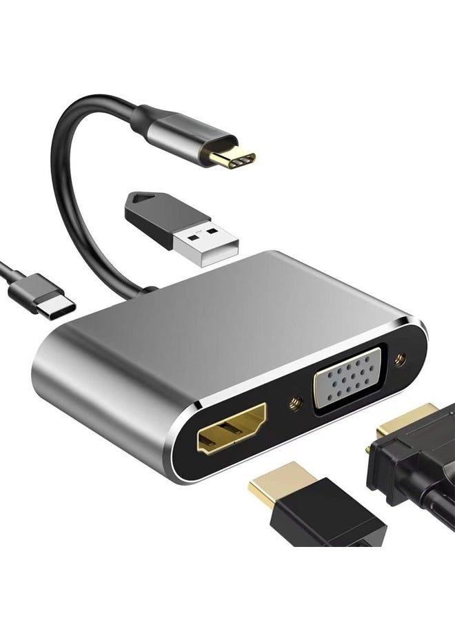 USB C to HDMI VGA Adapter, 4 in 1 USB C Multiport Hub Converter Thunderbolt 3 to HDMI 4K, VGA 1080P, USB 3.0, 100W PD Port for MacBook Pro/Air iPhone 16 15 Pro Max Dell XPS PC, etc - Image 1