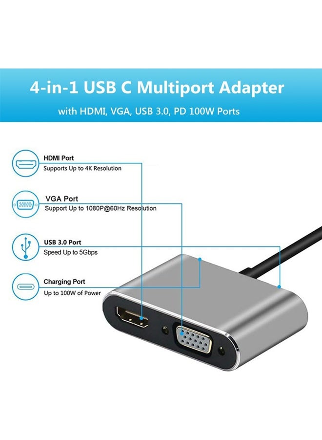 USB C to HDMI VGA Adapter, 4 in 1 USB C Multiport Hub Converter Thunderbolt 3 to HDMI 4K, VGA 1080P, USB 3.0, 100W PD Port for MacBook Pro/Air iPhone 16 15 Pro Max Dell XPS PC, etc - Image 2