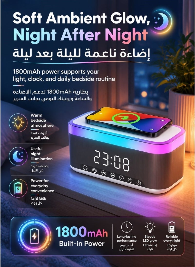 MDHL Power Bank Bluetooth Speaker with LED Digital Alarm Clock, Wireless Charger & 8-Color Ambient Light - Image 3
