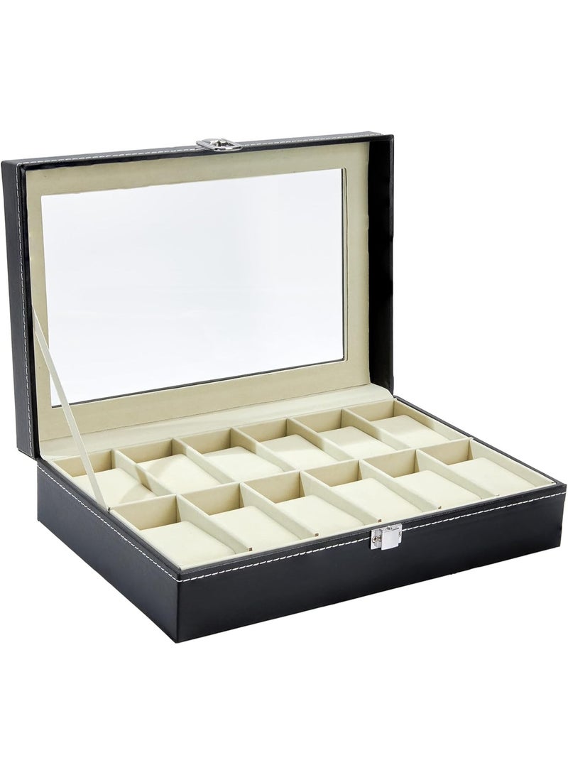 صندوق حفظ الساعات مع 12 خانة من الجلد، حافظة ساعات ومجوهرات للرجال والسيدات، صندوق عرض الساعات والمجوهرات مع غلاف زجاجي شفاف، خازنة ساعات ومجوهرات - Image 3