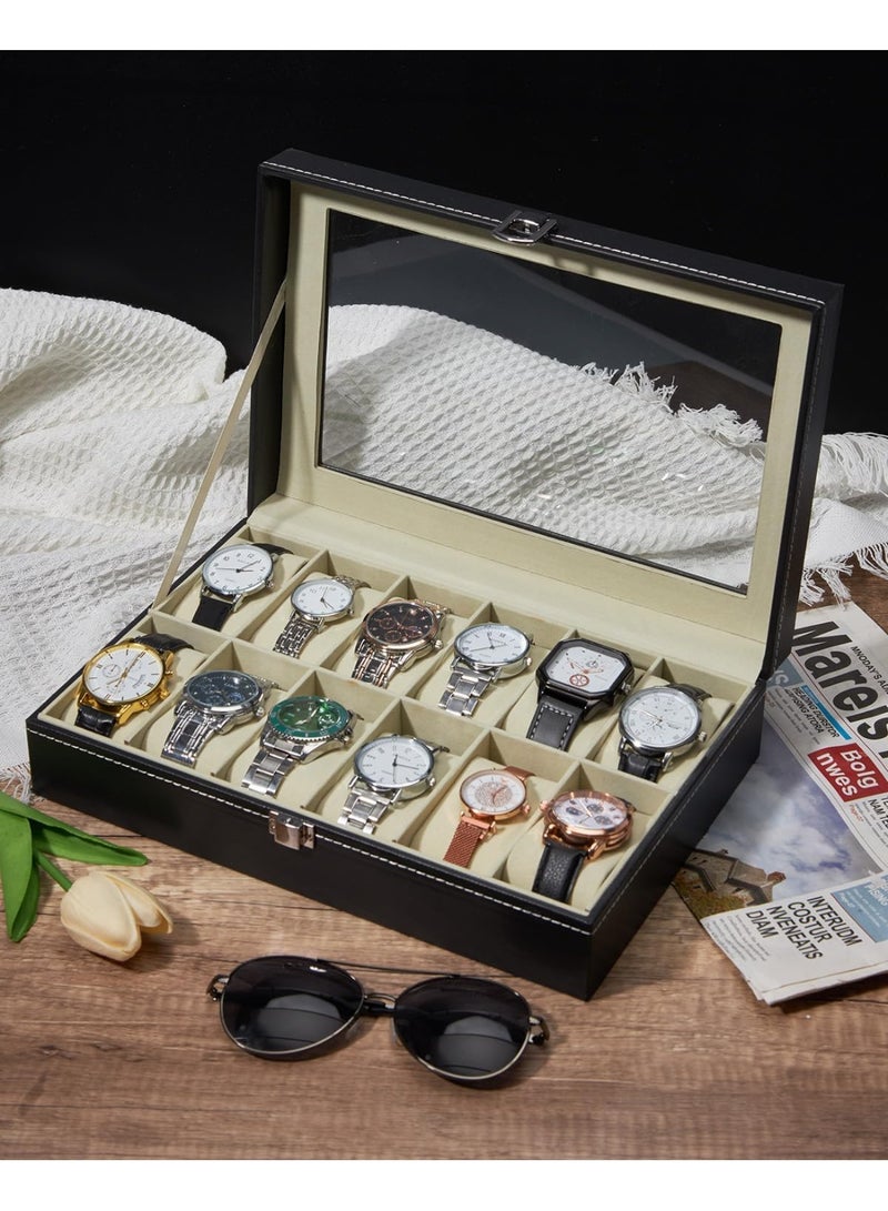 صندوق حفظ الساعات مع 12 خانة من الجلد، حافظة ساعات ومجوهرات للرجال والسيدات، صندوق عرض الساعات والمجوهرات مع غلاف زجاجي شفاف، خازنة ساعات ومجوهرات - Image 1