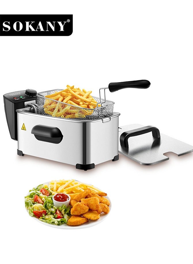 سوكاني مقلاة عميقة سعة 3.5 لتر مع سلة، مقلاة كهربائية بقوة 2000 واط، هيكل من الفولاذ المقاوم للصدأ للمطبخ المنزلي، فضي/أسود، SK-10075 - Image 1