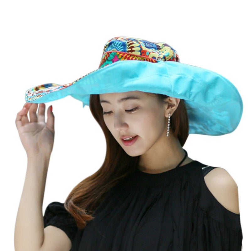 Fakeface Women's Foldable Floppy Reversible Travel Beach Sun Visor Hat Wide Brim UPF 50+ Blue - Image 2
