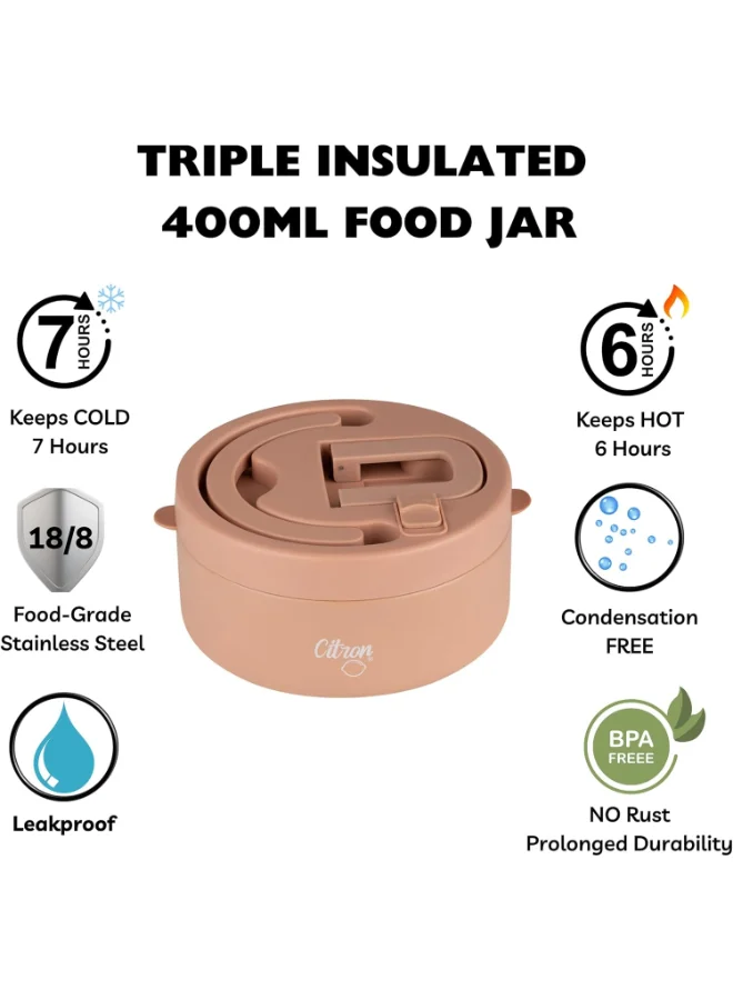 Citron Vacuum Insulated Food Jar For Kids And Adults, Bpa Free Food Thermos, Travel Hot Food Container, 400 Ml - Blush Pink