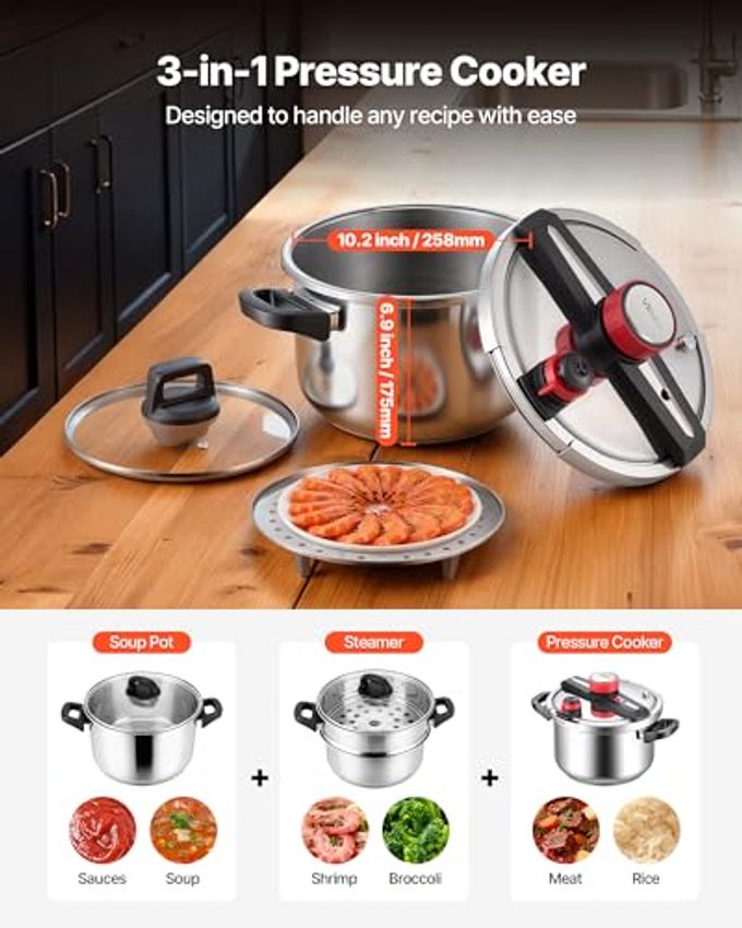 VEVOR Pressure Cooker, 10Qt Pressure Cooker Stainless Steel, Pressures Canner with Steaming Rack, Tempered Glass Lid, Three Pressures Settings for Meat, Beans, Rice, Soup, Sauces, Cook up to 100 kPa - Image 5