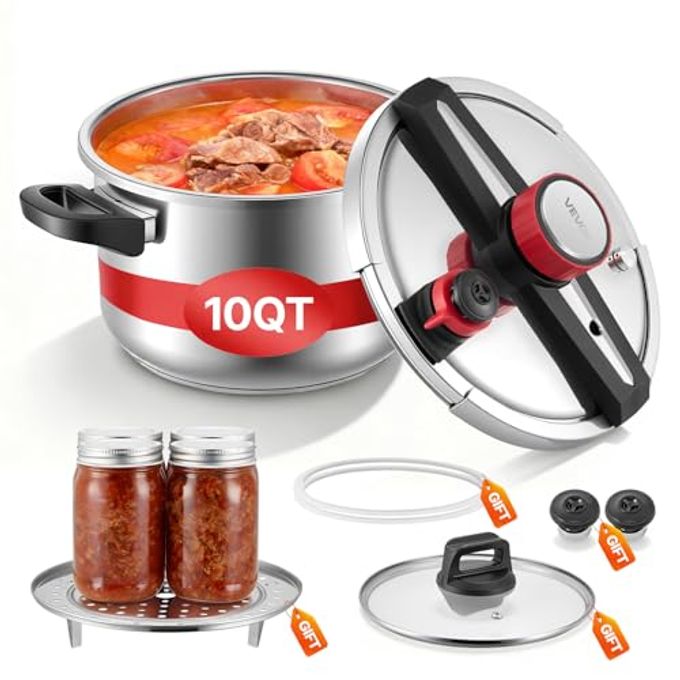 VEVOR Pressure Cooker, 10Qt Pressure Cooker Stainless Steel, Pressures Canner with Steaming Rack, Tempered Glass Lid, Three Pressures Settings for Meat, Beans, Rice, Soup, Sauces, Cook up to 100 kPa - Image 4