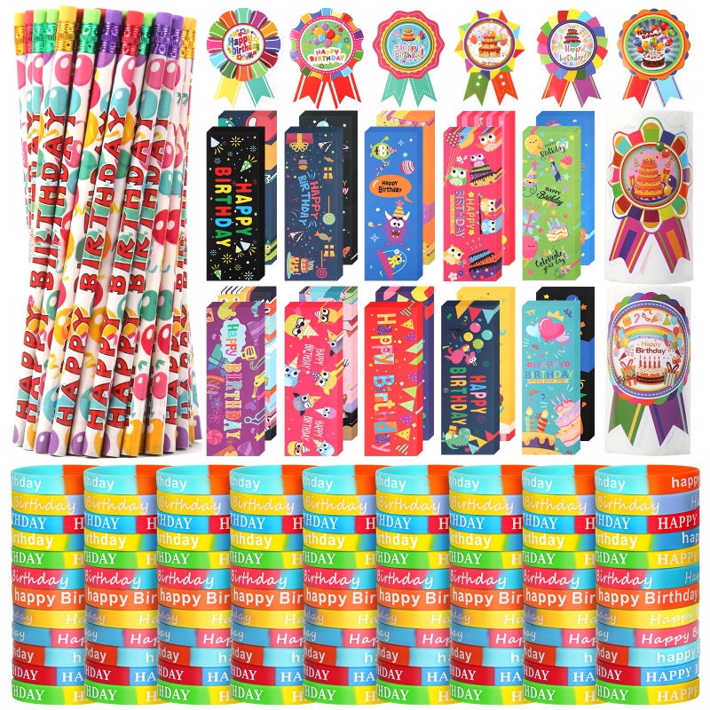 Kolewo4ever 500 Pieces Happy Birthday Gifts Set100 Pencils100 Bookmarks and 200 Badge Sticker for Birthday Party Supply - Image 2