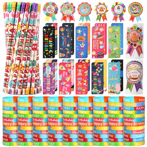 Kolewo4ever 500 Pieces Happy Birthday Gifts Set100 Pencils100 Bookmarks and 200 Badge Sticker for Birthday Party Supply - Image 1