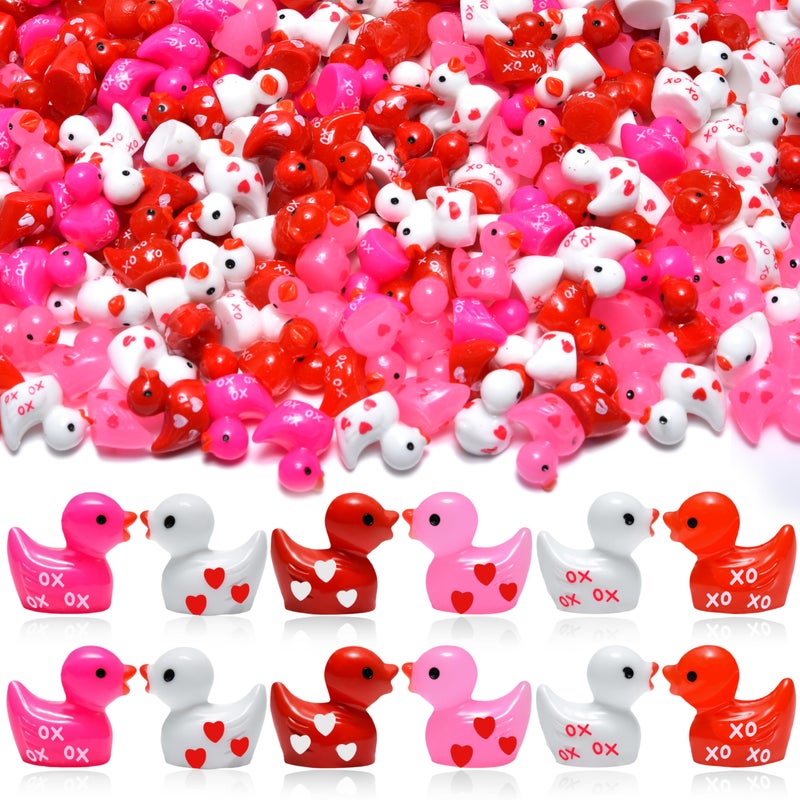 PAPPYN-A 150 Pcs Valentine's Day Resin Mini Ducks Red Pink White Heart Valentines Day Tiny Resin Animals Bulk Miniature Figures for Micro Garden Landscape Decoration DIY Craft Party Favors - Image 1