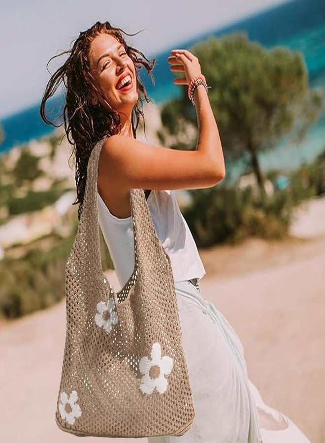 كون حقيبة تسوق كروشيه من كاون للنساء، حقيبة شاطئ صيفية أنيقة، حقيبة كتف متينة منسوجة للاستخدام اليومي والإجازات، هدية للنساء (لون كاكي) - Image 3