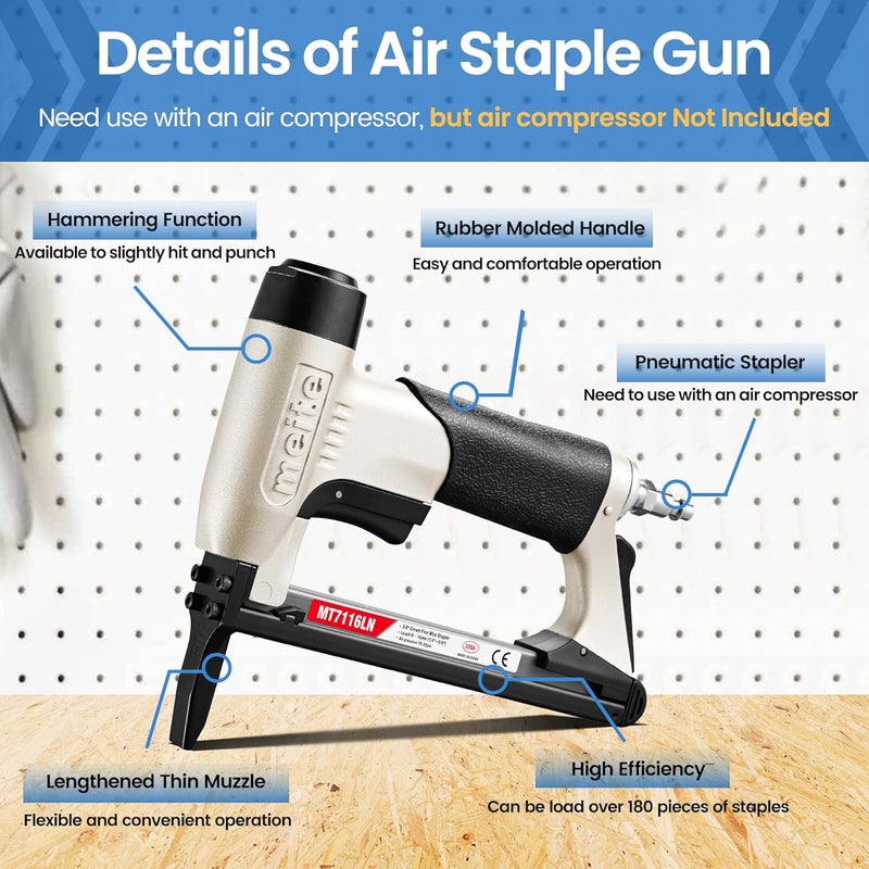 Meite MT7116LN Pneumatic Upholstery Stapler 22 Gauge 71 Series 3/8" Crown 1/4" to 5/8" Length Long Nose Stapler - Image 5