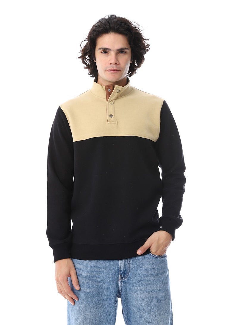 Andora Slip On With Buttons Polo Kashmir Sweater_Black & Beige - Image 1
