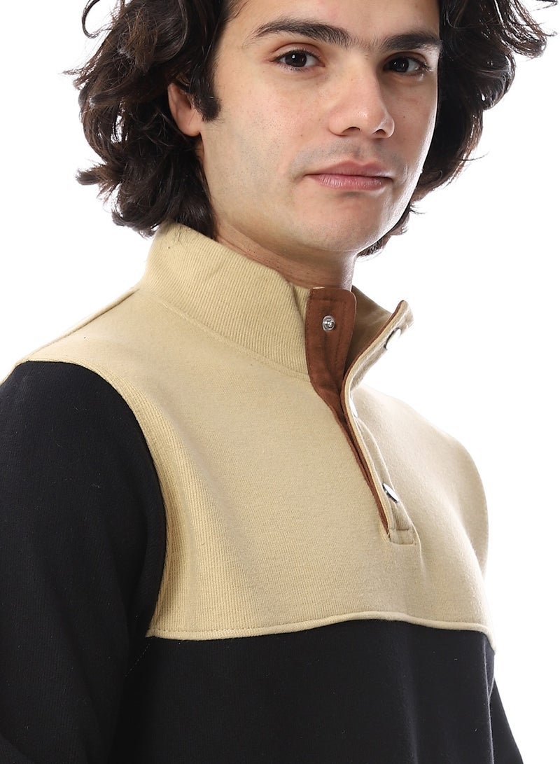 Andora Slip On With Buttons Polo Kashmir Sweater_Black & Beige - Image 4