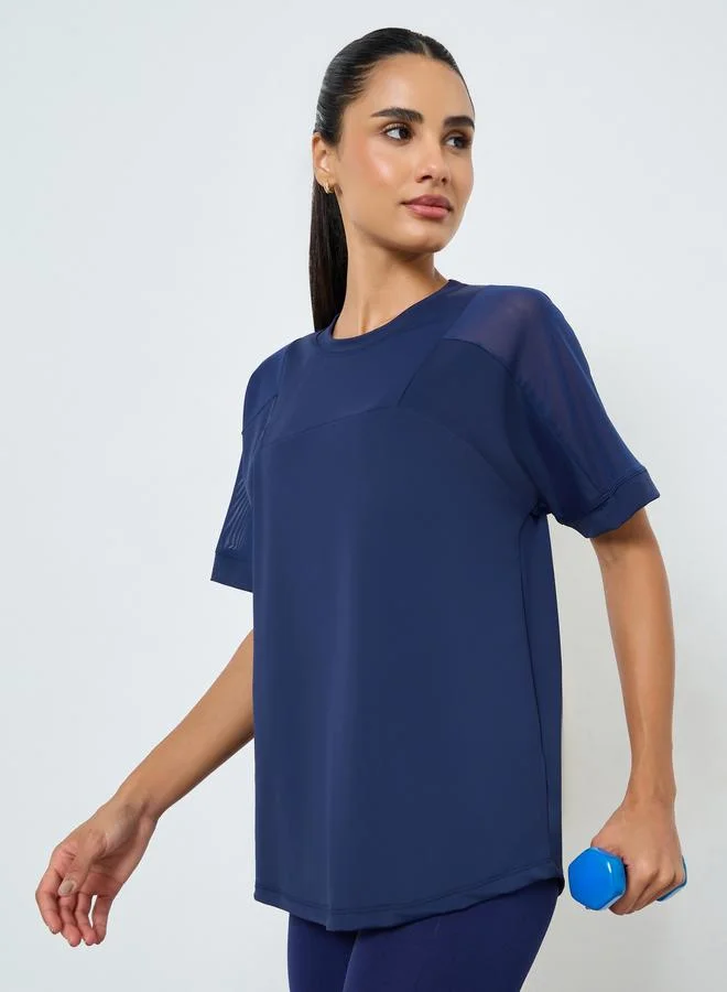 Styli Active Mesh Insert Back Text Detail Short Sleeve Top