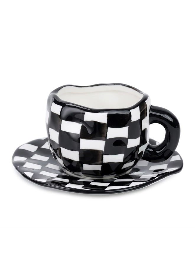 Noviko Checkered Mug Ceramic Checker Tea Cup and Saucer Set 10 oz - Image 1