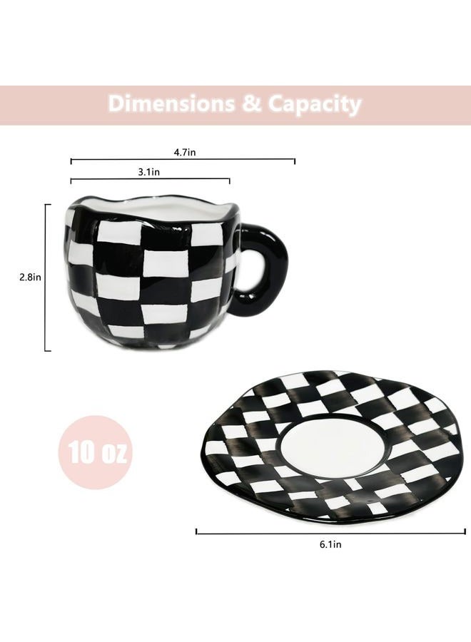 Noviko Checkered Mug Ceramic Checker Tea Cup and Saucer Set 10 oz - Image 2