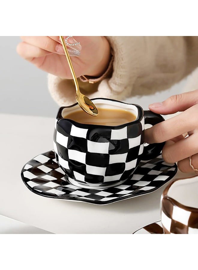 Noviko Checkered Mug Ceramic Checker Tea Cup and Saucer Set 10 oz - Image 4