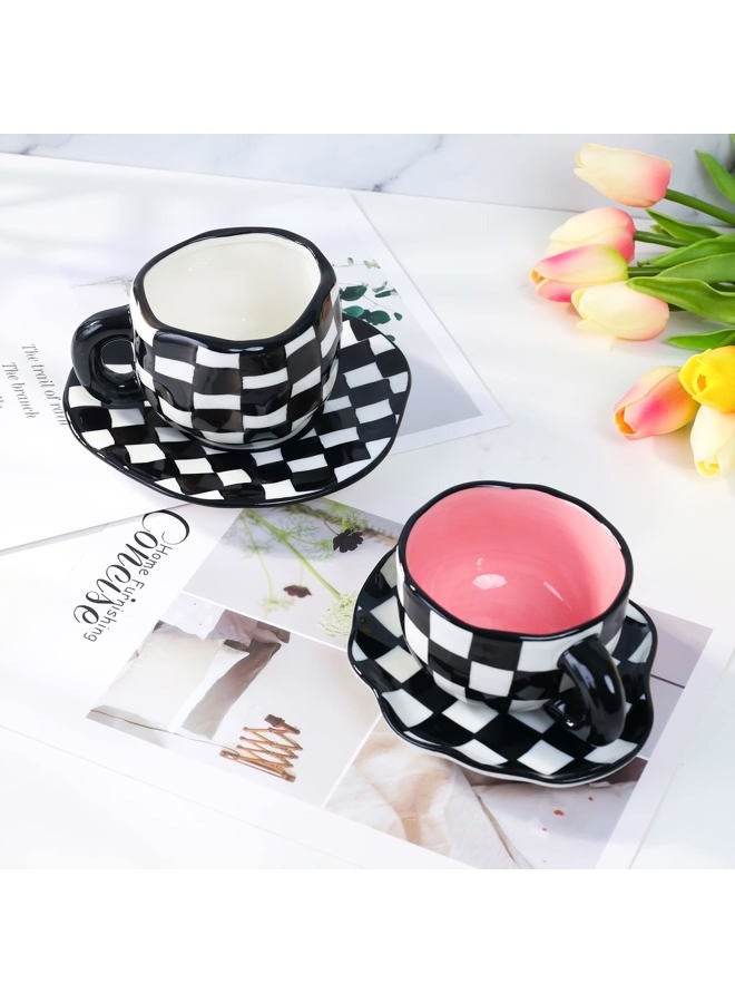 Noviko Checkered Mug Ceramic Checker Tea Cup and Saucer Set 10 oz - Image 3