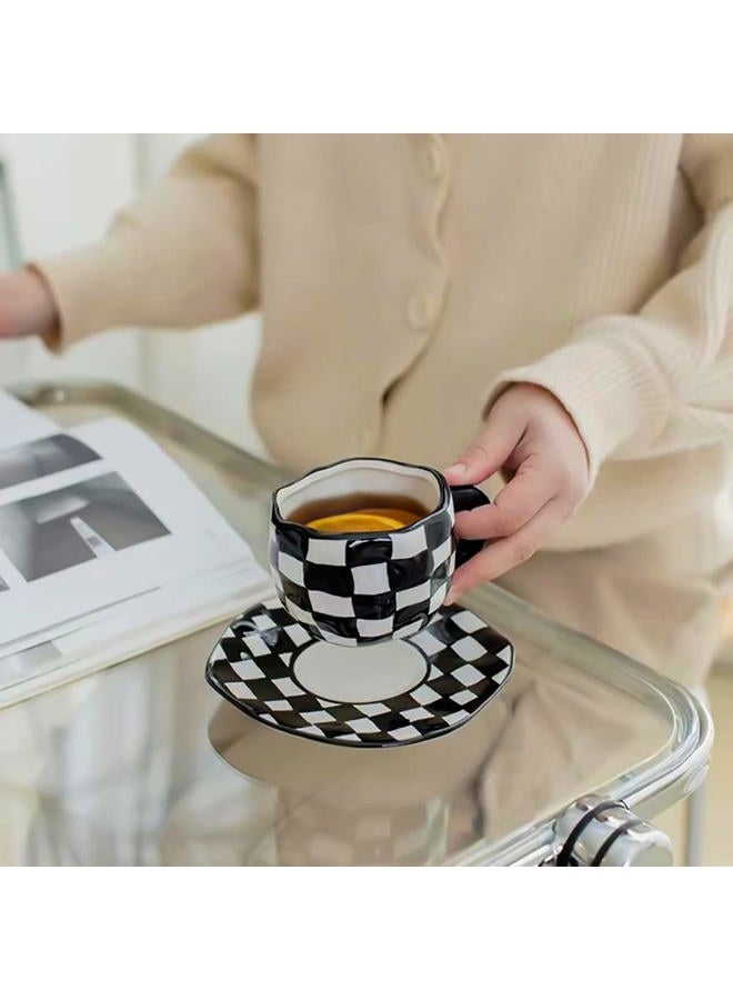 Noviko Checkered Mug Ceramic Checker Tea Cup and Saucer Set 10 oz - Image 5