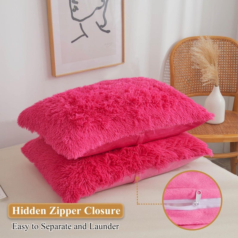 XeGe Faux Fur Throw Pillow Covers  Luxury Fluffy Plush Hot Pink Pillow Shams  Shaggy Furry Decorative Pillow Fuzzy Cushion Cover for Sofa Bed Couch  Zipper Closure  Pack of 2(18''x18''  Hot Pink) - Image 3