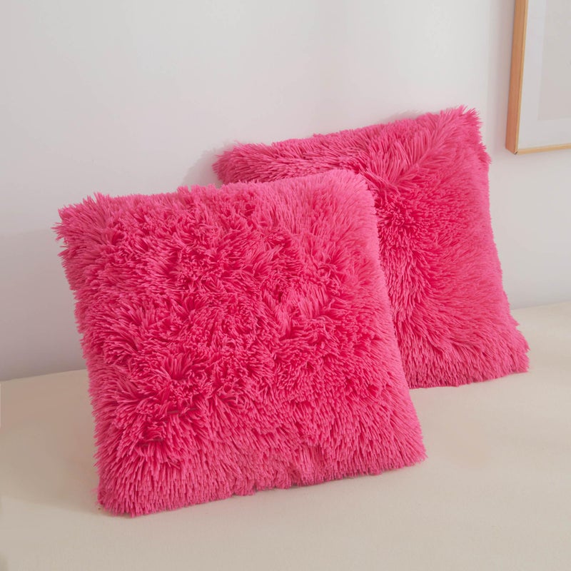 XeGe Faux Fur Throw Pillow Covers  Luxury Fluffy Plush Hot Pink Pillow Shams  Shaggy Furry Decorative Pillow Fuzzy Cushion Cover for Sofa Bed Couch  Zipper Closure  Pack of 2(18''x18''  Hot Pink) - Image 1