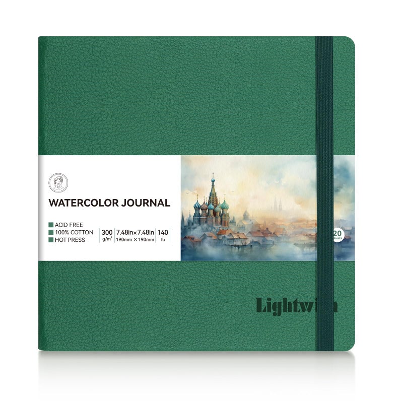 Lightwish Square Watercolor Journal, 100% Cotton Hot Press Watercolor Paper Sketchbook 7.48â€ x 7.48â€, 20 Sheets (140lb/300gsm), Acid-Free for Watercolors, Gouache, Acrylics - Image 1