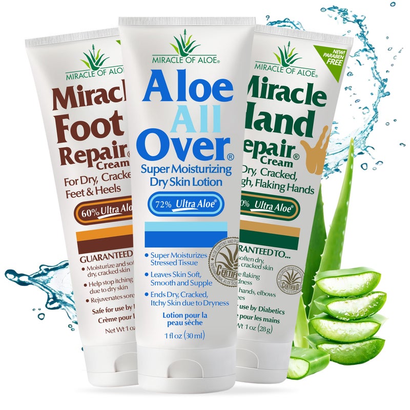Miracle of Aloe 3-pack Assortment, includes 1 ounce tubes each of Miracle Foot Repair, Miracle Hand Repair and Aloe All Over - Image 1