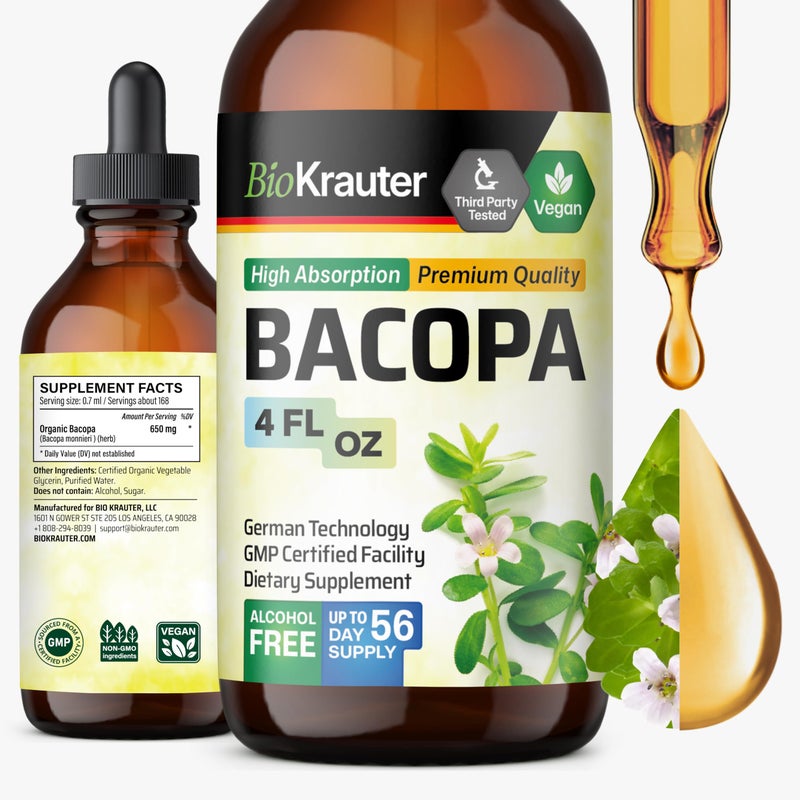 BIO KRAUTER BIO KRAUTER Bacopa Monnieri Supplement Liquid Brain Support Brahmi Alcohol Sugar Free Liquid Bacopa Herb Drops 4 FlOz 
