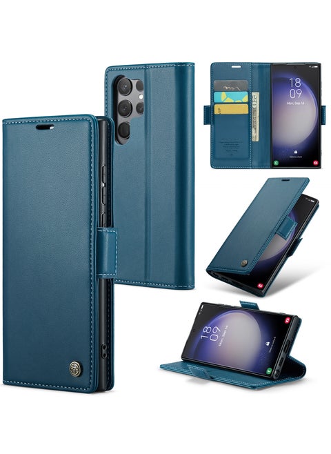Flip Wallet Case For Samsung Galaxy S24 Ultra, [RFID Blocking] PU Leather Wallet Flip Folio Case with Card Holder Kickstand Shockproof Phone Cover (Blue)