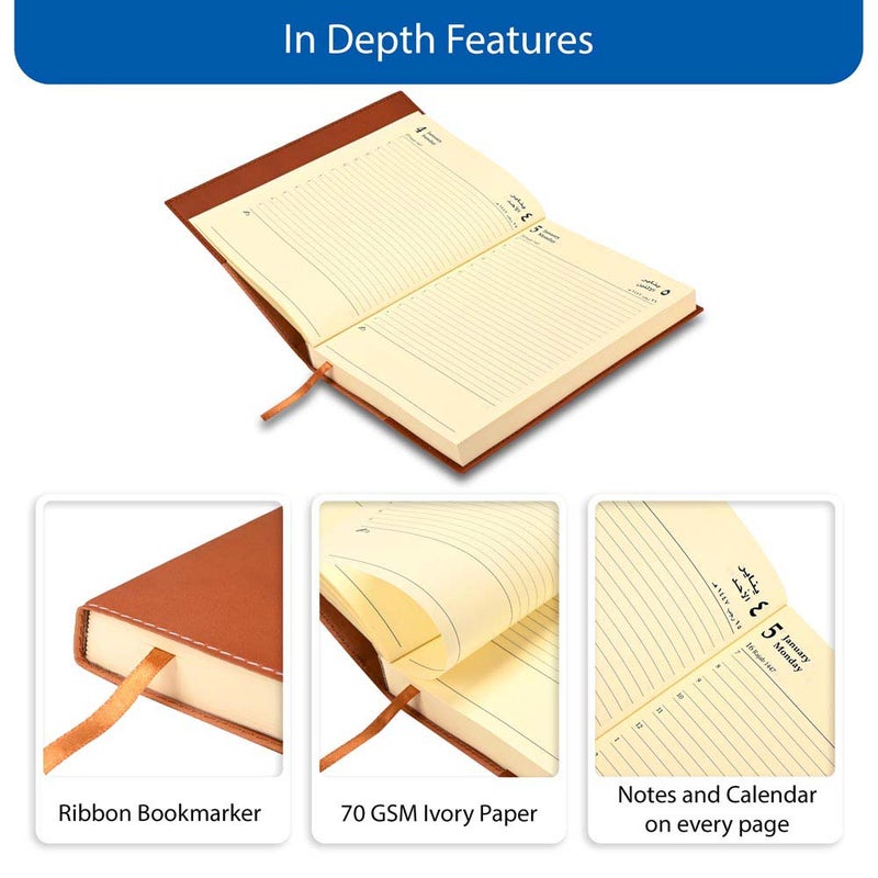 FIS 2026 A5 Diary, 148x210mm, Soft Jacket Italian PU Cover with Sewing, 1 Day Page Format, 384 Pages, Arabic/English, 70gsm Italian Ivory Paper, Brown Cover - FSDI17AE26BR - Image 5