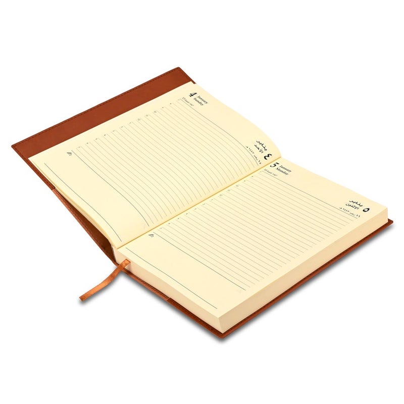 FIS 2026 A5 Diary, 148x210mm, Soft Jacket Italian PU Cover with Sewing, 1 Day Page Format, 384 Pages, Arabic/English, 70gsm Italian Ivory Paper, Brown Cover - FSDI17AE26BR - Image 3