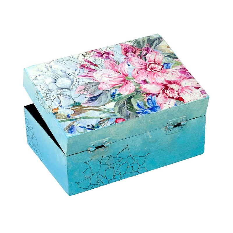Penkraft Decorative Multipurpose Box Exclusively HandPainted in Decoupage Art Sky Blue Flowers - Image 5