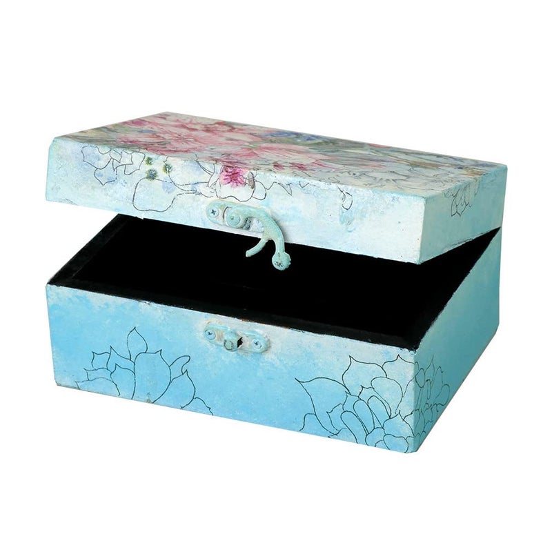 Penkraft Decorative Multipurpose Box Exclusively HandPainted in Decoupage Art Sky Blue Flowers - Image 3