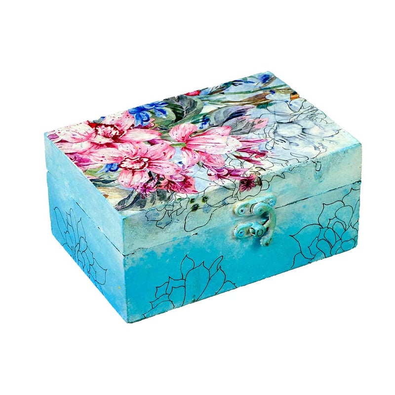 Penkraft Decorative Multipurpose Box Exclusively HandPainted in Decoupage Art Sky Blue Flowers - Image 1