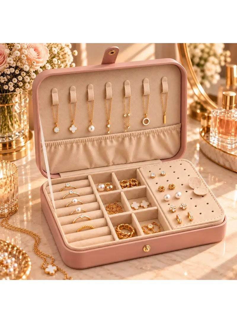 Jewelry Organizer Box for Women, Pink PU Leather Travel Jewelry Case with Soft Velvet Interior, Necklace Hooks, Ring Rolls, Removable Earring Panel & Compartments, 21 x 13.5 x 5 cm - Image 3
