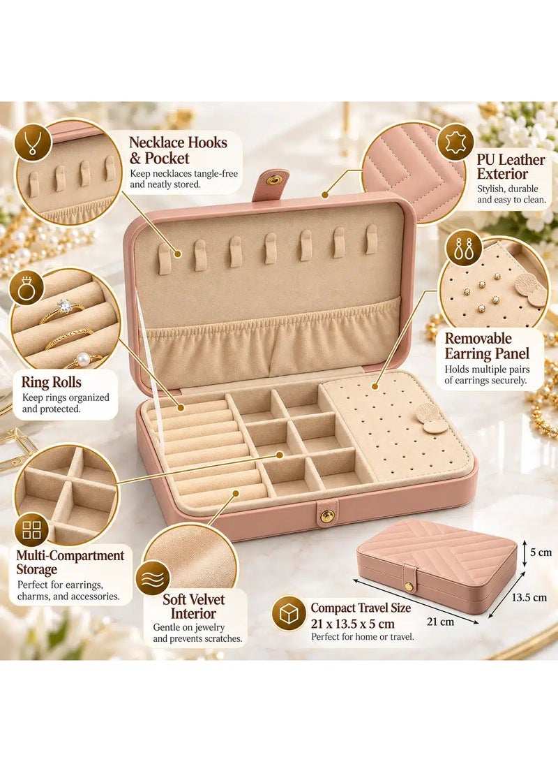 Jewelry Organizer Box for Women, Pink PU Leather Travel Jewelry Case with Soft Velvet Interior, Necklace Hooks, Ring Rolls, Removable Earring Panel & Compartments, 21 x 13.5 x 5 cm - Image 2