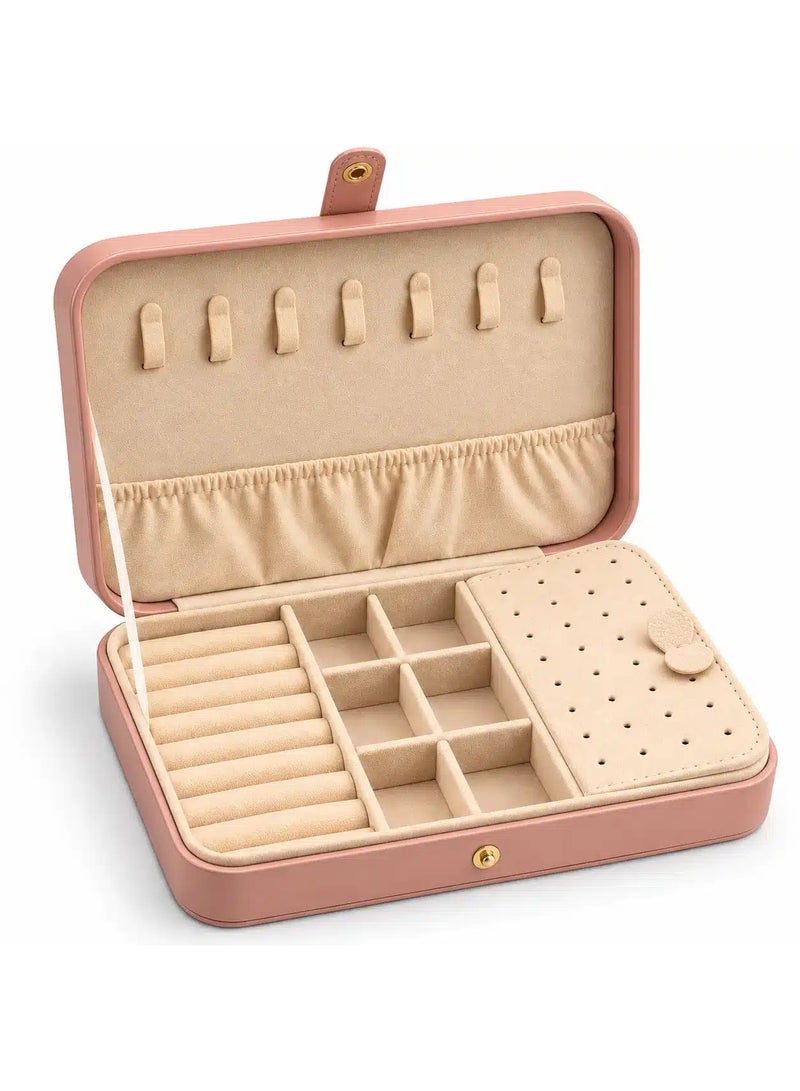 Jewelry Organizer Box for Women, Pink PU Leather Travel Jewelry Case with Soft Velvet Interior, Necklace Hooks, Ring Rolls, Removable Earring Panel & Compartments, 21 x 13.5 x 5 cm - Image 1