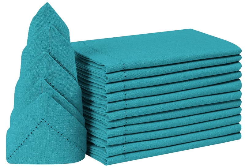 Bedding Craft Cotton Cloth Dinner Napkins Set of 12 18x18 Teal Hemstitched with Decorative Selvedge Holes Mitered Corners Reusable Machine Washable Fabric Napkins for Weddings Dining