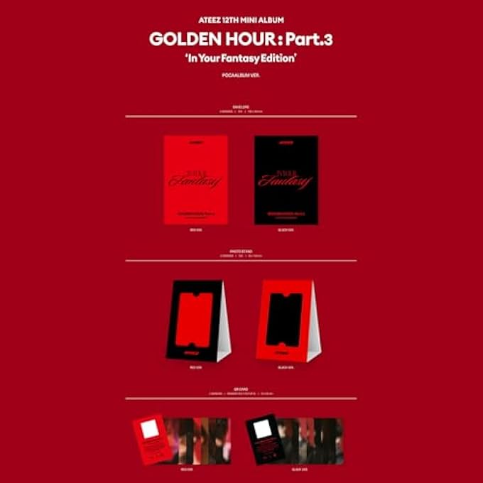 ATEEZ [GOLDEN HOUR : PART.3 IN YOUR FANTASY EDITION] (POCAALBUM VER. / BLACK VER.) PHOTO STAND + QR CARD + IMAGE CARD + STICKER + USER GUIDE + DIGITAL CONTENT + 2 PIN BADGES + 4 EXTRA PHOTOCARDS - Image 2