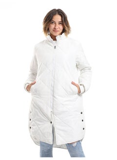 Andora White Plain Zipper Waterproof Puffer Jacket_White  - Image 4