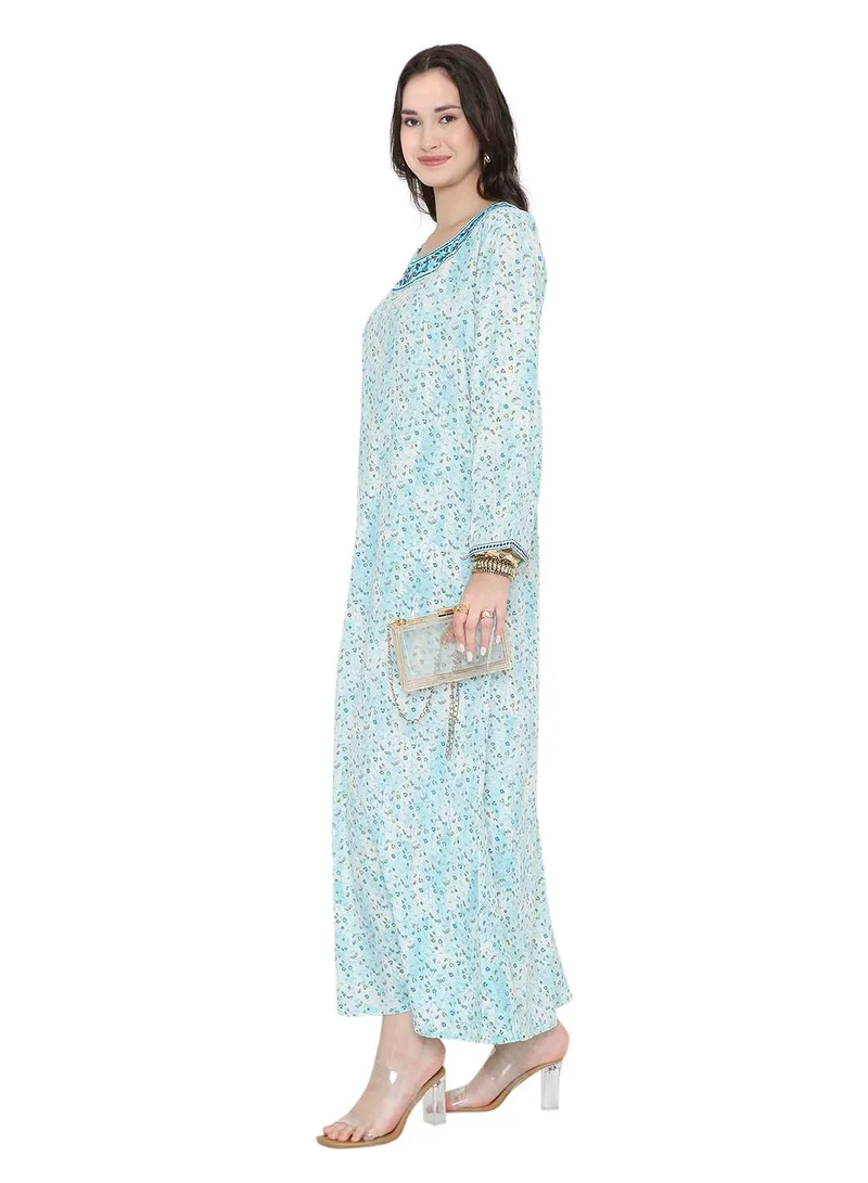 HANA & SARA Tiny Flower Printed and Neck Embroidered Long Arabic Farasha Kaftan Dresses