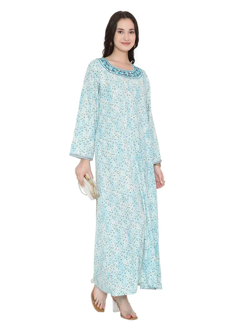 هانا آند سارا Tiny Flower Printed and Neck Embroidered Long Arabic Farasha Kaftan Dresses