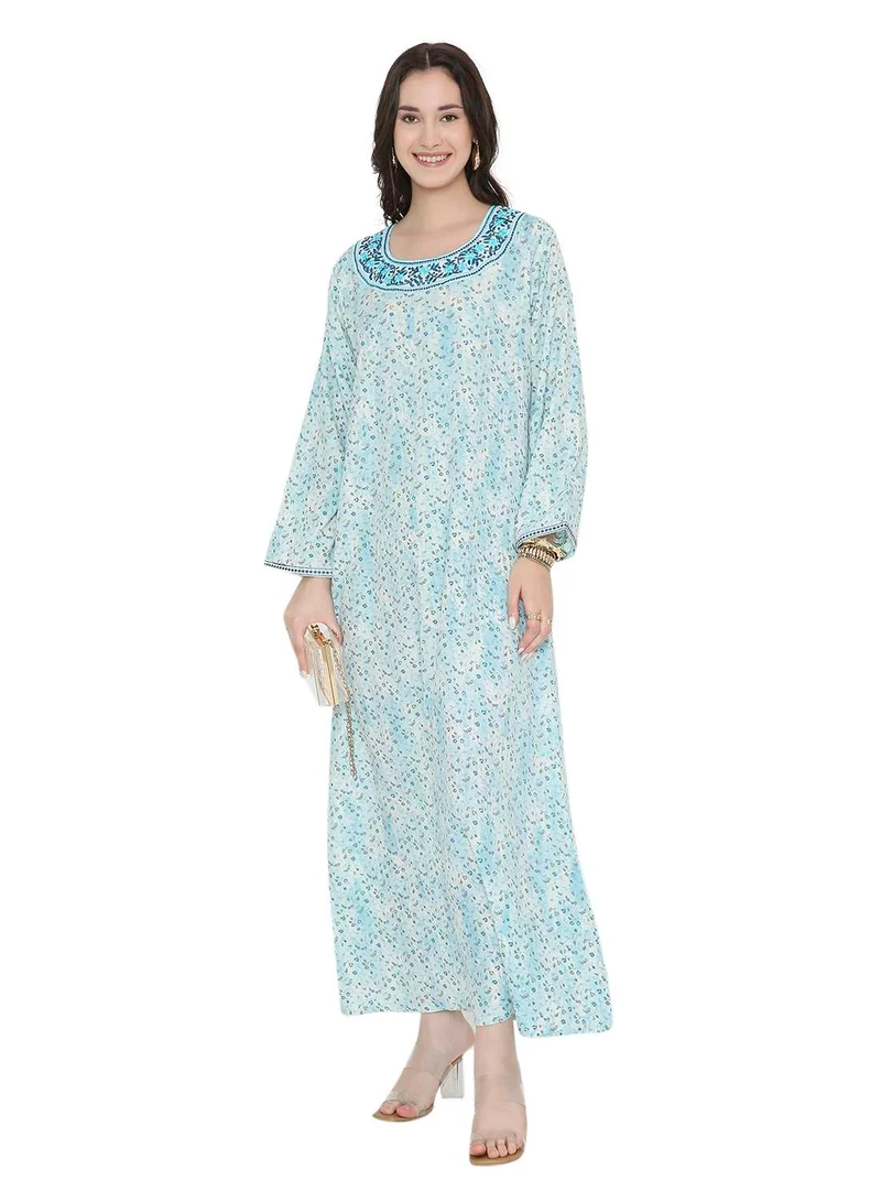 HANA & SARA Tiny Flower Printed and Neck Embroidered Long Arabic Farasha Kaftan Dresses