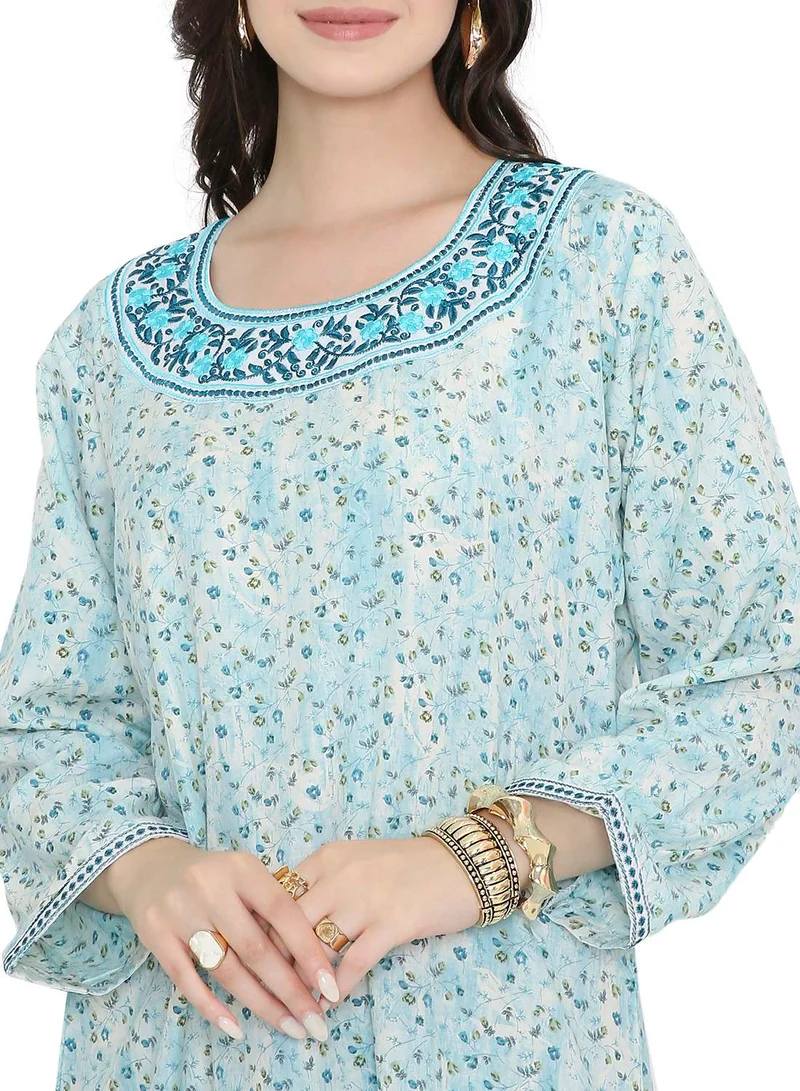 HANA & SARA Tiny Flower Printed and Neck Embroidered Long Arabic Farasha Kaftan Dresses