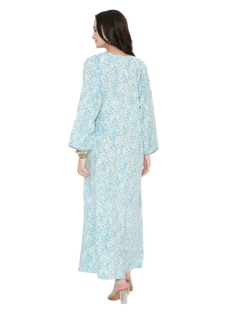 هانا آند سارا Tiny Flower Printed and Neck Embroidered Long Arabic Farasha Kaftan Dresses