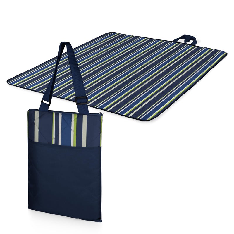 PICNIC TIME ONIVA  a Picnic Time brand  Vista Outdoor Picnic Blanket  Tote  Beach Blanket  Camping Blanket Blue Stripe Pattern with Navy Blue Exterior