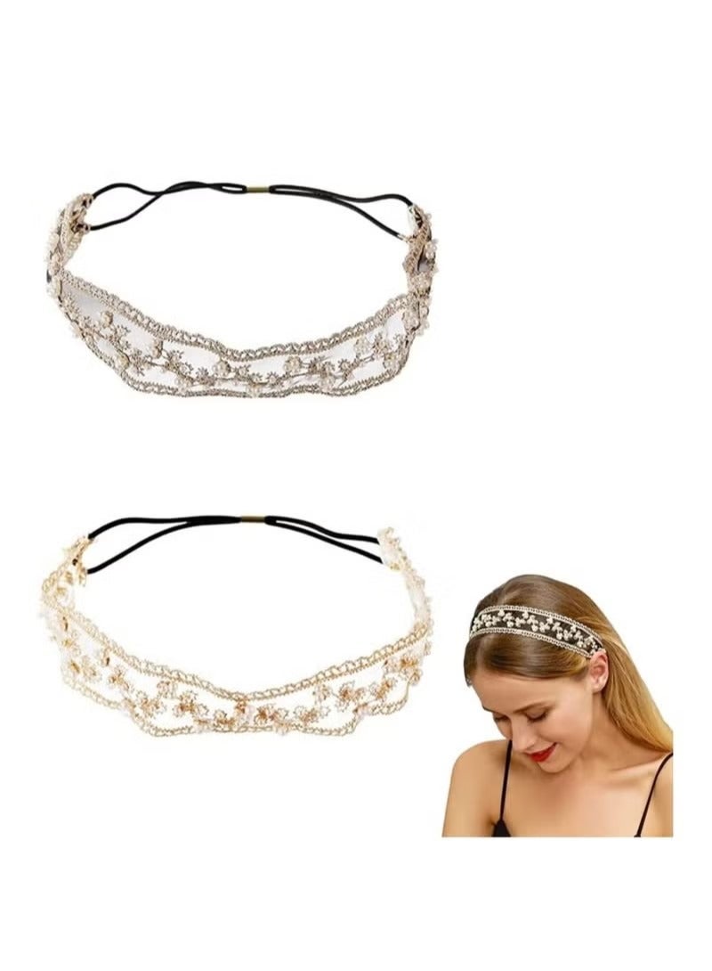 Generic Lace Headbands Women Girls Stretch Wide Floral Lace Headwrap Fashion Hair Scarf Turban Accessories Tulle Flowers Wedding Headband for Girls Princess Pearl Hair Accessories for Birthday Party 2 PCS - Image 1
