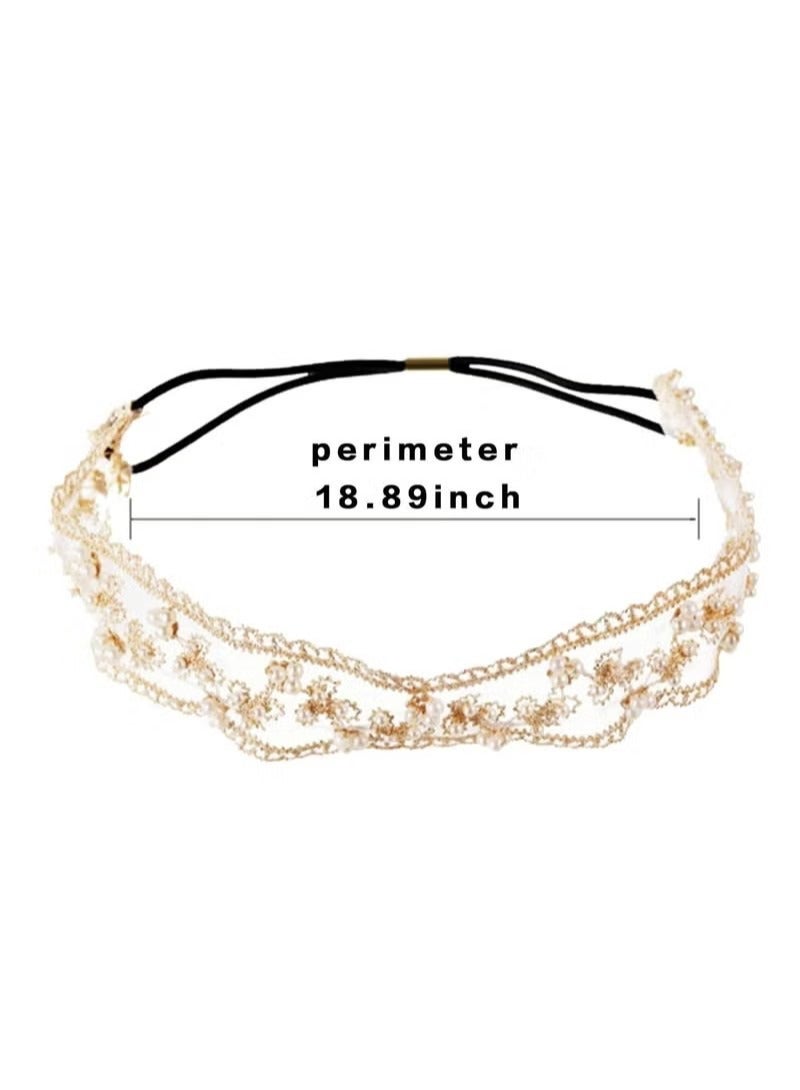 Generic Lace Headbands Women Girls Stretch Wide Floral Lace Headwrap Fashion Hair Scarf Turban Accessories Tulle Flowers Wedding Headband for Girls Princess Pearl Hair Accessories for Birthday Party 2 PCS - Image 2