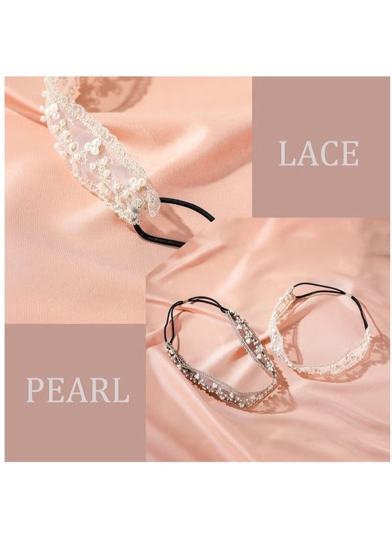 Generic Lace Headbands Women Girls Stretch Wide Floral Lace Headwrap Fashion Hair Scarf Turban Accessories Tulle Flowers Wedding Headband for Girls Princess Pearl Hair Accessories for Birthday Party 2 PCS - Image 4