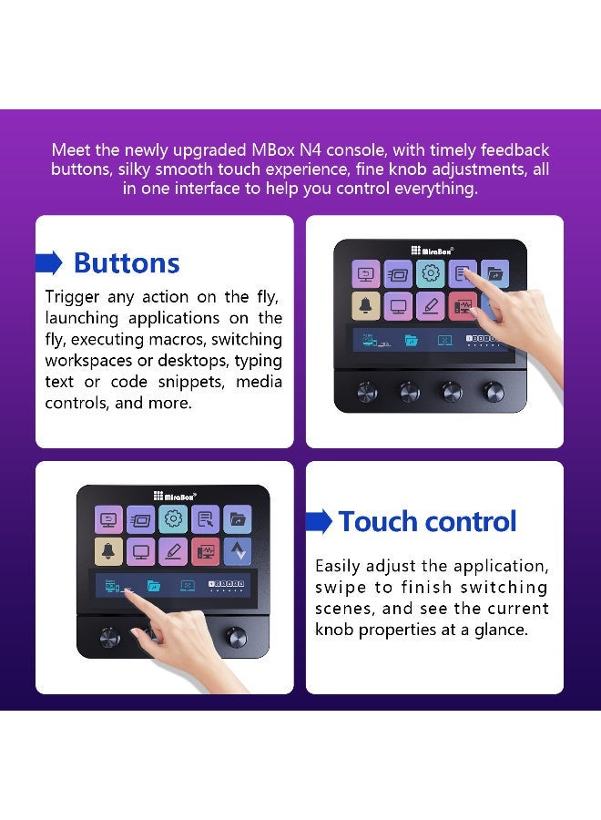 MiraBox N4 Pro Macro Pad,10-Key LCD Shortcut Keyboard with 4 RGB Knobs & TouchBar – Programmable Streaming Controller Deck for OBS, YouTube, Gaming & Office (PC/Mac, USB-C,Black) - Image 3